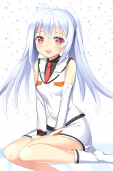 Rule 34 | 10s, 1girl, :d, ahoge, ankle boots, boots, crying, crying with eyes open, detached sleeves, isla (plastic memories), mochiko (mochiko3121), necktie, open mouth, plastic memories, red eyes, sitting, smile, tears, twintails, white background, white footwear, white hair