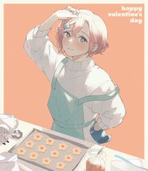 Rule 34 | 1girl, apron, arm up, baking, baking sheet, blush, border, character doll, commentary request, cookie, cup, flower hairpin, food, green apron, hair between eyes, hand on own hip, happy valentine, highres, jack jeanne, long sleeves, looking at viewer, orange background, oven mitts, pale color, pink hair, shirota mitsuki, short hair, smile, solo, spoon, strap slip, succhii (pikaru), sweater, tachibana kisa, upper body, valentine, white border, white sweater, yellow eyes