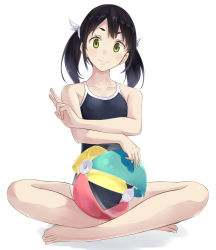 Rule 34 | 1girl, ball, barefoot, beachball, black hair, breasts, competition school swimsuit, full body, green eyes, highres, hiwatari rin, long hair, looking at viewer, one-piece swimsuit, original, school swimsuit, simple background, sitting, small breasts, smile, solo, swimsuit, twintails, v, white background