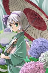 Rule 34 | 1girl, alternate costume, blue flower, blunt bangs, blurry, closed mouth, commentary request, depth of field, flower, from side, green eyes, green kimono, hair ribbon, highres, holding, holding umbrella, hydrangea, japanese clothes, kimono, konpaku youmu, light smile, long sleeves, looking at viewer, obi, oil-paper umbrella, outdoors, pink flower, purple ribbon, ribbon, sash, short hair, solo, tanaka nunu, touhou, umbrella, white flower, white hair, wide sleeves