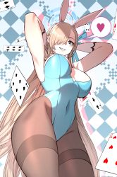 Rule 34 | 1girl, animal ears, armpits, arms behind head, arms up, asuna (blue archive), asuna (bunny) (blue archive), blue archive, blue eyes, blue leotard, blush, breasts, carcass (artist), card, checkered background, cleavage, covered navel, dancing, fake animal ears, gloves, hair over one eye, heart, highres, large breasts, leotard, long hair, looking at viewer, looking down, me!me!me! dance (meme), meme, official alternate costume, pantyhose, playboy bunny, playing card, presenting armpit, rabbit ears, rabbit tail, sideboob, smile, solo, spoken heart, standing, tail, thighs, very long hair