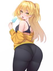 Rule 34 | 1girl, ass, ass focus, bike shorts, blonde hair, breasts, food, from behind, gyaru, highres, holding, holding food, huge ass, idolmaster, idolmaster cinderella girls, jougasaki rika, kogal, kuavera, leggings, long hair, looking at viewer, looking back, medium breasts, pantylines, popsicle, saliva, saliva trail, shiny skin, simple background, solo, sports bra, standing, tongue, tongue out, two side up, white background