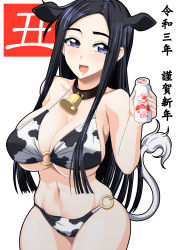 Rule 34 | 1girl, animal collar, animal ears, animal print, bell, bikini, black collar, black hair, blue eyes, bottle, breasts, chinese zodiac, cleavage, collar, commentary, cow ears, cow girl, cow print, cow tail, cowboy shot, hair over shoulder, half-closed eyes, halterneck, happy new year, highres, holding, holding bottle, ichijou takakiyo, large breasts, looking at viewer, milk bottle, navel, neck bell, nengajou, new year, o-ring, o-ring bikini, open mouth, original, print bikini, skindentation, smile, solo, standing, straight hair, swimsuit, tail, translated, white background, white bikini, year of the ox
