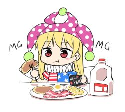 Rule 34 | 1girl, :t, american flag dress, bacon, blonde hair, blush stickers, breakfast, chibi, closed mouth, clownpiece, cup, eating, egg (food), fairy wings, food, fork, hat, holding, holding cup, holding fork, jester cap, jug (bottle), long hair, mg mg, milk, naegi (naegidokoro), neck ruff, plate, polka dot, purple hat, red eyes, short sleeves, simple background, solo, star (symbol), star print, sunny side up egg, table, touhou, upper body, white background, wings