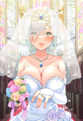 Rule 34 | 1girl, absurdres, alternate costume, blue eyes, bouquet, breasts, bridal gauntlets, bridal veil, bride, dress, elbow gloves, flower, gloves, grey hair, hair ornament, hair over one eye, hairclip, hamakaze (kancolle), highres, holding, holding bouquet, indoors, jewelry, kantai collection, large breasts, ornate ring, ring, sarfata, short hair, solo, strapless, strapless dress, veil, wedding dress, wedding ring, white dress, white gloves