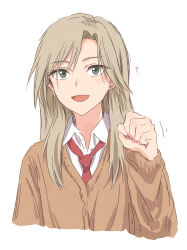Rule 34 | 1girl, :d, ?, bad id, bad twitter id, brown cardigan, bullfalk, cardigan, clenched hand, collared shirt, commentary, cropped torso, dress shirt, grey eyes, hand up, highres, light brown hair, long hair, looking at viewer, loose necktie, murashige yuzuki, necktie, open mouth, parted bangs, red necktie, school uniform, shirt, sidelocks, skip to loafer, smile, solo, white background, white shirt