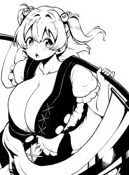 Rule 34 | 1girl, absurdres, blush, breasts, cleavage, greyscale, hair bobbles, hair ornament, highres, himajin noizu, holding, holding scythe, huge breasts, looking at viewer, monochrome, onozuka komachi, open mouth, scythe, simple background, solo, touhou, white background