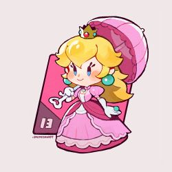 Rule 34 | 1girl, artist name, blonde hair, blue eyes, chibi, closed mouth, commentary, crown, dress, earrings, elbow gloves, english commentary, gloves, grey background, holding, holding umbrella, jewelry, long hair, lowres, mario (series), nintendo, onemegawatt, pink dress, princess peach, puffy short sleeves, puffy sleeves, ring, short sleeves, smile, solo, sphere earrings, standing, super mario bros. 1, umbrella