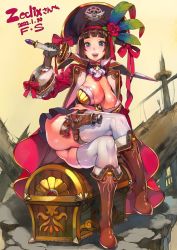 Rule 34 | 1girl, ass, blue eyes, boots, breasts, brown hair, crossed legs, f.s., gloves, gun, hat, highres, holster, jacket, musket, pirate, pirate hat, sword, thighhighs, treasure chest, weapon