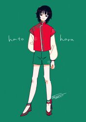 Rule 34 | 1girl, absurdres, black hair, character name, chinese clothes, closed mouth, freckles, full body, green background, green shorts, hatohara mirai, highres, layered sleeves, long sleeves, looking at viewer, puffy long sleeves, puffy sleeves, red footwear, shoes, short hair, short over long sleeves, short sleeves, shorts, signature, smile, solo, standing, tottokoland, world trigger