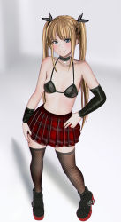 Rule 34 | 1girl, aruman, bad id, bad pixiv id, bikini, black bikini, black ribbon, black thighhighs, blonde hair, blue eyes, blush, choker, collarbone, commentary request, contrapposto, dead or alive, dead or alive 5, detached sleeves, eyeshadow, fishnet thighhighs, fishnets, hair ornament, hair ribbon, hand on own hip, highleg, highres, long hair, looking at viewer, makeup, marie rose, nail polish, navel, plaid, plaid skirt, pleated skirt, red skirt, ribbon, shoes, sidelocks, skirt, smile, solo, standing, swimsuit, thighhighs, twintails, underwear, x hair ornament