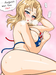 Rule 34 | 1girl, american flag bikini, ass, bikini, blonde hair, blue eyes, blush, breasts, breath, commentary request, empty eyes, english text, flag print, frown, girls und panzer, hair intakes, half-closed eyes, kay (girls und panzer), large breasts, long hair, looking at viewer, looking back, lying, on side, oosaka kanagawa, open mouth, partial commentary, pink background, simple background, solo, sweat, swimsuit, translated, untied bikini
