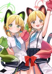 Rule 34 | 2girls, absurdres, animal ear headphones, animal ears, arm up, black shorts, black skirt, blonde hair, blue archive, blush, breasts, cat ear headphones, closed mouth, clothes around waist, coat, collared shirt, fake animal ears, green eyes, halo, headphones, highres, looking at viewer, midori (blue archive), mittens, momoi (blue archive), multiple girls, nnmbpx, open clothes, open coat, open mouth, pleated skirt, red eyes, shirt, short sleeves, shorts, siblings, simple background, sisters, skirt, sleeveless, sleeveless shirt, small breasts, suspender skirt, suspenders, sweat, tail, twins, white background, white shirt