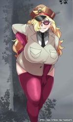 Rule 34 | 1girl, blonde hair, blush, breasts, curvy, domino (one piece), facing viewer, gloves, grey background, grin, hair over one eye, hand on own hip, hat, highres, large breasts, leaning forward, long hair, military, military hat, military uniform, necktie, one piece, pink-tinted eyewear, pink-tinted glasses, plump, red gloves, red thighhighs, smile, solo, standing, sunglasses, taiger, thighhighs, thighs, tinted eyewear, uniform, wide hips