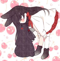 Rule 34 | 1girl, animal, animal ears, bent over, black footwear, black hair, blush stickers, bonim, braid, cherry, dress, eye contact, flower, food, fruit, fruit background, full body, hair flower, hair ornament, long hair, long sleeves, looking at animal, looking at another, looking down, looking up, neckerchief, original, paw shoes, petticoat, rabbit, rabbit ears, red flower, red neckerchief, red rose, rose, side braid, single braid, sleeves past wrists, standing, straight hair, thighhighs, white dress, white thighhighs