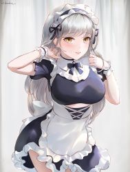 Rule 34 | 1girl, apron, black dress, blush, breasts, brown eyes, chowbie, dress, large breasts, long hair, looking at viewer, maid, maid headdress, open mouth, original, short sleeves, silver hair, smile, solo, waist apron, white apron