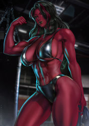 Rule 34 | 1girl, abs, biceps, bikini, black hair, black lips, blurry, blurry background, breasts, colored skin, dandon fuga, flexing, gym, highres, large breasts, long hair, marvel, multicolored hair, muscular, muscular female, navel, punching bag, red hair, red she-hulk, red skin, she-hulk, solo, standing, stomach, swimsuit, thighs, toned, two-tone hair, wavy hair