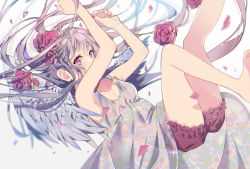 Rule 34 | 1girl, angel wings, armpits, arms up, bare arms, bare legs, bare shoulders, barefoot, bloomers, blush, breasts, cleavage, collarbone, commentary request, dress, floating hair, flower, glint, grey hair, highres, legs up, long hair, looking at viewer, nail polish, omutatsu, original, petals, pink eyes, pink flower, pink nails, rose, see-through, sidelocks, simple background, small breasts, solo, thighs, underwear, very long hair, white background, white dress, wings