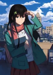 Rule 34 | absurdres, blazer, breasts, cityscape, closed mouth, commentary request, hair ornament, hanaya futaba, highres, jacket, long hair, looking at viewer, medium breasts, open clothes, open jacket, outdoors, pleated skirt, red scarf, scarf, school uniform, skirt, smile, tubian yingxiong, tubian yingxiong leaf, yakimc