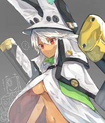 Rule 34 | 1girl, ?, bad id, bad pixiv id, breasts, cape, dark-skinned female, dark skin, faust (guilty gear), grey background, guilty gear, guilty gear xrd, hat, long hair, looking at viewer, medium breasts, navel, popped collar, ramlethal valentine, red eyes, short hair, solo, suminagashi, underboob, upper body, white hair