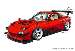 Rule 34 | car, cat, commentary, commission, english commentary, english text, headlight, mazda, mazda rx-7, mazda rx-7 fd, mixed-language commentary, motor vehicle, no humans, original, ozizo, simple background, smile, smoke, spoiler (automobile), sports car, vehicle focus, white background