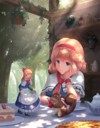 Rule 34 | 1girl, aletto-mikan, alice margatroid, apron, black footwear, blonde hair, blue dress, blue eyes, blurry, bow, cake, cake slice, capelet, cherry, chipmunk, cup, curtsey, dappled sunlight, day, depth of field, dress, elbow rest, closed eyes, food, forest, fruit, hair between eyes, hair bow, hairband, head in hand, head rest, highres, jar, light rays, lolita hairband, long hair, long sleeves, looking to the side, mary janes, nature, neck ribbon, open mouth, outdoors, plant, potted plant, quiche, red ribbon, ribbon, saucer, shanghai doll, shelf, shoes, short hair, shortcake, skirt hold, smile, solo, squirrel, strawberry, sunbeam, sunlight, table, teacup, teapot, touhou, waist apron, wrist cuffs