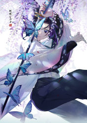 Rule 34 | 1girl, animal print, belt, black pants, blood, blood on clothes, blood on face, bloody weapon, bug, butterfly, butterfly hair ornament, butterfly print, ekita kuro, flower, hair ornament, haori, highres, insect, japanese clothes, katana, kimetsu no yaiba, kochou shinobu, lips, long sleeves, looking at viewer, one eye covered, pants, parted bangs, purple eyes, purple hair, short hair, smile, solo, sword, uniform, weapon, white background, wide sleeves, wisteria