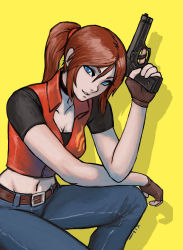 Rule 34 | 1girl, belt, blue eyes, breasts, brown gloves, brown hair, choker, claire redfield, cleavage, denim, fingerless gloves, gloves, gun, handgun, head tilt, highres, holding, holding gun, holding weapon, jeans, long hair, looking at viewer, luigiix, midriff, navel, on one knee, pants, parted lips, pistol, ponytail, resident evil, resident evil - code: veronica, shadow, solo, squatting, trigger discipline, vest, weapon, yellow background