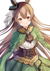 Rule 34 | 1girl, animal ears, back bow, blue gemstone, blush, bow, brown eyes, brown hair, closed mouth, clothing request, commentary request, cowboy shot, cropped jacket, ear ornament, frills, gem, gold trim, green jacket, green skirt, hair between eyes, highres, horse ears, jacket, long hair, long sleeves, looking at viewer, open clothes, open jacket, parted bangs, satono diamond (umamusume), simple background, skirt, smile, solo, standing, umamusume, white background, yoshida iyo