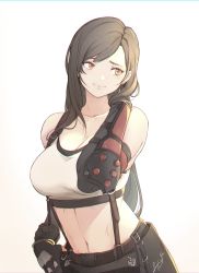 Rule 34 | 1girl, absurdres, arm guards, armor, artist name, bare shoulders, black hair, black skirt, breasts, brown eyes, cleavage, closed mouth, collarbone, commentary, earrings, final fantasy, final fantasy vii, final fantasy vii remake, gloves, highres, jewelry, lips, long hair, medium breasts, midriff, navel, senacolada, signature, simple background, skirt, sleeveless, smile, solo, square enix, stomach, suspender skirt, suspenders, swept bangs, tank top, tifa lockhart, upper body