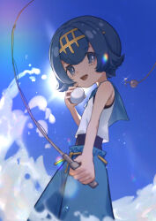 Rule 34 | 1girl, absurdres, blue hair, blue shorts, blue sky, bright pupils, chinese commentary, cloud, commentary request, creatures (company), day, fishing rod, game freak, hairband, highres, holding, holding fishing rod, lana (pokemon), looking at viewer, nekoballp, nintendo, no sclera, outdoors, poke ball, pokemon, pokemon sm, shirt, shorts, sky, sleeveless, sleeveless shirt, solo, swimsuit, swimsuit under clothes, white pupils, white shirt, yellow hairband