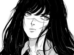 Rule 34 | 1girl, absurdres, black hair, chainsaw man, collared shirt, greyscale, highres, kazaarte, long hair, looking to the side, monochrome, parted lips, portrait, ringed eyes, rolling eyes, scar, scar on face, scowl, shirt, solo, white background, yoru (chainsaw man)