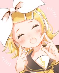 Rule 34 | 1girl, ^^^, bad id, bad twitter id, black collar, blonde hair, blush, bow, closed eyes, collar, dutch angle, facing viewer, fingers to cheeks, hair bow, hair ornament, hairclip, headphones, headset, highres, index finger raised, kagamine rin, nail polish, open mouth, pink background, portrait, sailor collar, school uniform, shirt, short hair, smile, solo, swept bangs, treble clef, vocaloid, white bow, white shirt, yellow nails, yellow neckwear, yomigi