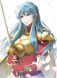 Rule 34 | 1girl, aqua eyes, aqua hair, armor, breastplate, breasts, cape, delsaber, earrings, eirika (fire emblem), fingerless gloves, fire emblem, fire emblem: the sacred stones, gloves, gold armor, highres, jewelry, long hair, looking to the side, nintendo, parted lips, petals, rapier, red gloves, red shirt, shadow, shirt, short sleeves, sidelocks, simple background, solo, sword, upper body, weapon, white background