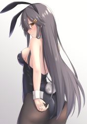 Rule 34 | 1girl, akahi242, alternate costume, animal ears, ass, black hair, black leotard, black pantyhose, bow, bowtie, breasts, covered navel, cowboy shot, detached collar, fake animal ears, fake tail, gradient background, grey background, haruna (kancolle), highres, kantai collection, leotard, long hair, looking at viewer, looking back, medium breasts, pantyhose, playboy bunny, rabbit ears, rabbit tail, solo, strapless, strapless leotard, tail, wrist cuffs, yellow eyes