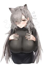 Rule 34 | 1girl, animal ears, arknights, black nails, black skirt, black sweater, blush, breasts, brown eyes, closed mouth, commentary request, covered navel, extra ears, fingernails, grey hair, highres, horn/wood, huge breasts, leaning forward, long sleeves, looking at viewer, mole, mole above eye, nail polish, official alternate costume, penance (arknights), penance (occasionally flushed) (arknights), simple background, skirt, smile, solo, sweater, turtleneck, turtleneck sweater, upper body, white background, wolf ears, wolf girl
