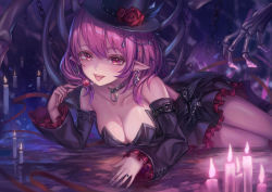 Rule 34 | 1girl, bare shoulders, black dress, breasts, bug, butterfly, candy, cleavage, closed mouth, commentary request, dress, food, hair between eyes, highres, insect, lollipop, looking at viewer, lucid (maplestory), lying, maplestory, medium breasts, on side, on stomach, pink eyes, pink hair, pointy ears, short hair, yahiro (heartseek000)