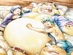 Rule 34 | 3boys, aged down, bad id, bad pixiv id, bandages, bandaid, bandana, beard, bed, blue hair, blush stickers, brothers, child, drooling, facial hair, family, fat, fat man, franky (one piece), frog, goggles, goggles on head, horns, iceburg, jii, male focus, monster boy, multiple boys, mustache, one piece, open clothes, open mouth, open shirt, saliva, scar, sharp teeth, shirt, siblings, sleeping, stitches, tattoo, teeth, tom (one piece), water 7, yokozuna