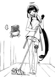 Rule 34 | ..., 1girl, a:n (angrynum), ao-chan (ninomae ina&#039;nis), apron, barefoot, book, broom, cleaning, collarbone, detached sleeves, dress, fang, floating, floating book, floating object, gloves, greyscale, halo, highres, holding, holding broom, hololive, hololive english, long hair, maid apron, monochrome, ninomae ina&#039;nis, open mouth, ponytail, single detached sleeve, single glove, single thighhigh, smile, soles, spoken ellipsis, strapless, strapless dress, takodachi (ninomae ina&#039;nis), thighhighs, tube dress, very long hair, virtual youtuber