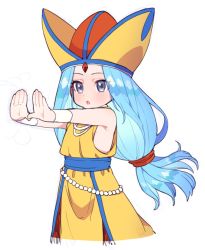 Rule 34 | 1girl, :o, areola slip, armpits, bad id, bad pixiv id, blue hair, dragon quest, dragon quest vii, fosse (dq7), hat, long hair, moyori, outstretched arms, solo, white background