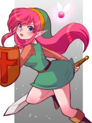 Rule 34 | 1girl, belt, blue eyes, blush, boots, border, breasts, brown belt, brown footwear, brown sleeves, determined, eyelashes, fairy, floating hair, genderswap, genderswap (mtf), gradient background, green hat, green tunic, hat, highres, holding, holding shield, holding sword, holding weapon, knee boots, knees, link (shounen captain), long hair, long sleeves, looking at viewer, medium breasts, nintendo, nonoworks, open mouth, pink hair, pointy ears, running, shield, shiny skin, sidelocks, solo, sparkle background, sword, teeth, the legend of zelda, the legend of zelda (nes), thighs, tongue, tunic, twitter username, upper teeth only, very long hair, watermark, weapon, white border