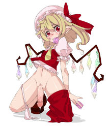 Rule 34 | 1futa, blonde hair, blush, censored, condom, condom in mouth, condom wrapper, cum, flaccid, flandre scarlet, futanari, harco izm, hat, hat ribbon, kneeling, mob cap, mosaic censoring, mouth hold, multiple condoms, navel, necktie, no testicles, panties, panties around leg, penis, pointy ears, puffy short sleeves, puffy sleeves, red eyes, ribbon, shiny skin, short sleeves, side ponytail, skirt, skirt around one leg, solo, touhou, underwear, used condom, vest, wings