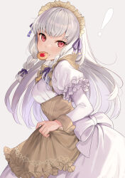 Rule 34 | !, 1girl, apron, blush, brown apron, commentary, dress, fire emblem, fire emblem: three houses, fire emblem heroes, food, food in mouth, grey background, haru (nakajou-28), highres, juliet sleeves, long hair, long sleeves, looking at viewer, lysithea von ordelia, lysithea von ordelia (tea party), maid, maid headdress, mouth hold, nintendo, official alternate costume, official alternate hairstyle, pink eyes, puffy sleeves, simple background, solo, waist apron, white dress, white hair