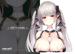 1girl absurdres azur_lane bare_shoulders between_breasts black_bow bow breast_rest breasts bridal_gauntlets character_name cleavage closed_mouth collarbone detached_collar dress fingernails formidable_(azur_lane) frills grabbing_own_breast grey_hair hair_bow hands_up head_tilt highres large_breasts long_hair long_sleeves looking_at_viewer red_eyes reflection scan senji_(tegone_spike) simple_background solo twintails watermark white_background zoom_layer