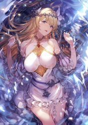 Rule 34 | 1girl, bare shoulders, blonde hair, blue eyes, blush, breasts, detached sleeves, dress, flower, granblue fantasy, hair between eyes, hair flower, hair ornament, hands up, highres, jeanne d&#039;arc (granblue fantasy), kakage, large breasts, long hair, looking at viewer, open mouth, partially submerged, sidelocks, smile, solo, wet