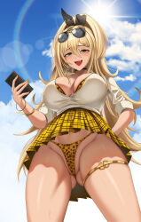 Rule 34 | 1girl, 2024, absurdres, amesuku gyaru, animal ears, animal print, ass, blonde hair, blush, bracelet, breasts, cellphone, choker, cleavage, cloud, cloudy sky, collarbone, commentary, cowboy shot, day, epko, fake animal ears, fang, female focus, from below, gluteal fold, goddess of victory: nikke, green eyes, groin, gyaru, hands on own hips, highres, holding, holding phone, jewelry, kogal, large breasts, legs apart, long hair, long sleeves, looking at viewer, looking down, navel, open clothes, open mouth, open shirt, outdoors, partially visible vulva, phone, rupee (nikke), shirt, sky, smartphone, smug, solo, standing, sun, sunglasses, sunlight, sweat, thick thighs, thighlet, thighs, tiger print, upskirt, very long hair, yellow nails, yellow shirt