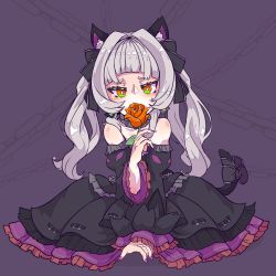 Rule 34 | 1girl, aikohgin, animal ear fluff, animal ears, bare shoulders, between legs, black bow, black dress, black ribbon, blunt bangs, bow, cat ears, cat tail, chain, covering own mouth, dress, flower, frilled dress, frills, gothic lolita, gradient eyes, green eyes, grey hair, hand between legs, hand up, highres, holding, holding flower, hololive, lolita fashion, long hair, looking at viewer, multicolored eyes, murasaki shion, murasaki shion (gothic lolita), nail polish, orange eyes, pink nails, purple background, ribbon, rose, sitting, solo, strapless, strapless dress, tail, tail bow, tail ornament, tsurime, twintails, virtual youtuber, wariza