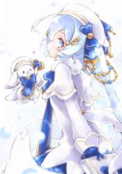 Rule 34 | 1girl, akino coto, blue eyes, blue gloves, blue hair, blue tabard, fortissimo, gloves, gold trim, hair ornament, hat, hatsune miku, highres, long hair, looking at viewer, looking back, musical note, musical note hair ornament, rabbit, rabbit yukine, snowflake print, solo focus, tabard, vocaloid, white background, yuki miku