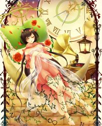 Rule 34 | 1girl, bad id, bad pixiv id, barefoot, black hair, clock, dress, closed eyes, flower, flower wreath, hands on own chest, head wreath, highres, hourglass, knees together feet apart, lamp, long hair, original, petals, phonograph, pillow, red dress, red flower, red rose, roman numeral, rose, sakakidani, scissors, see-through, short hair, sleeping, solo, star (symbol), very long hair