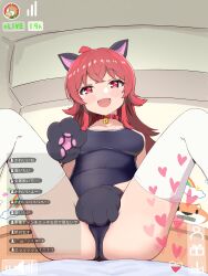 Rule 34 | 1girl, :d, absurdres, ahoge, alarm clock, animal collar, animal ears, bell, black gloves, blush stickers, breasts, chat log, clock, collar, collarbone, covered navel, crossed bangs, feet out of frame, flipped hair, gloves, half-closed eyes, hand on own crotch, hand up, head tilt, heart, highres, idolmaster, idolmaster shiny colors, indoors, jingle bell, knees up, komiya kaho, leaning back, livestream, long hair, looking at viewer, medium breasts, neck bell, one-piece swimsuit, open mouth, paw gloves, red collar, red eyes, red hair, school swimsuit, sitting, smile, solo, spread legs, straight-on, swimsuit, tatsuya (tatuya031200), thighhighs, white thighhighs